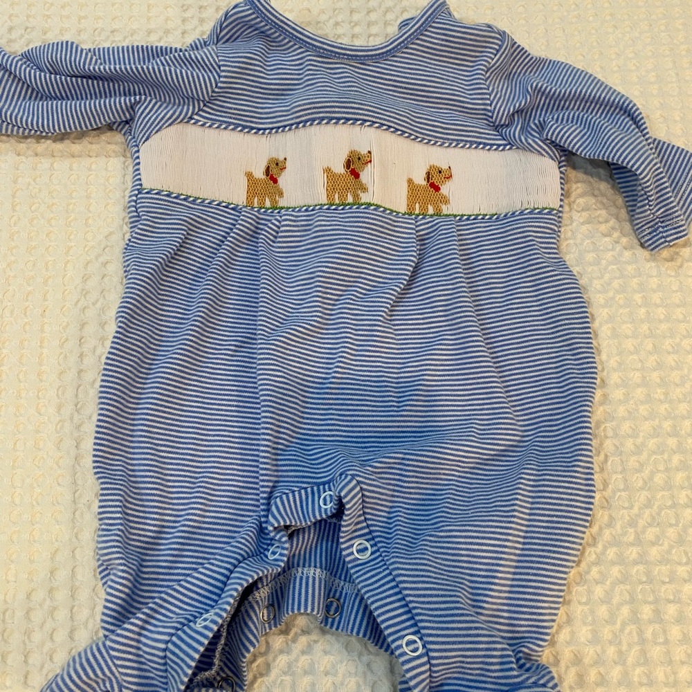 Smocked puppy footie.